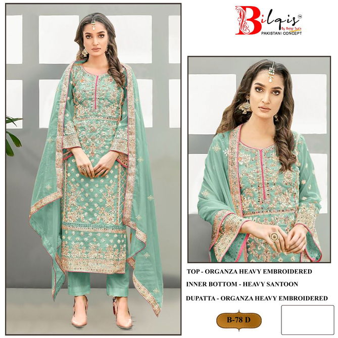 Bilqis B 78 A To D Organza Designer Pakistani Suits Wholesale Market In Surat
